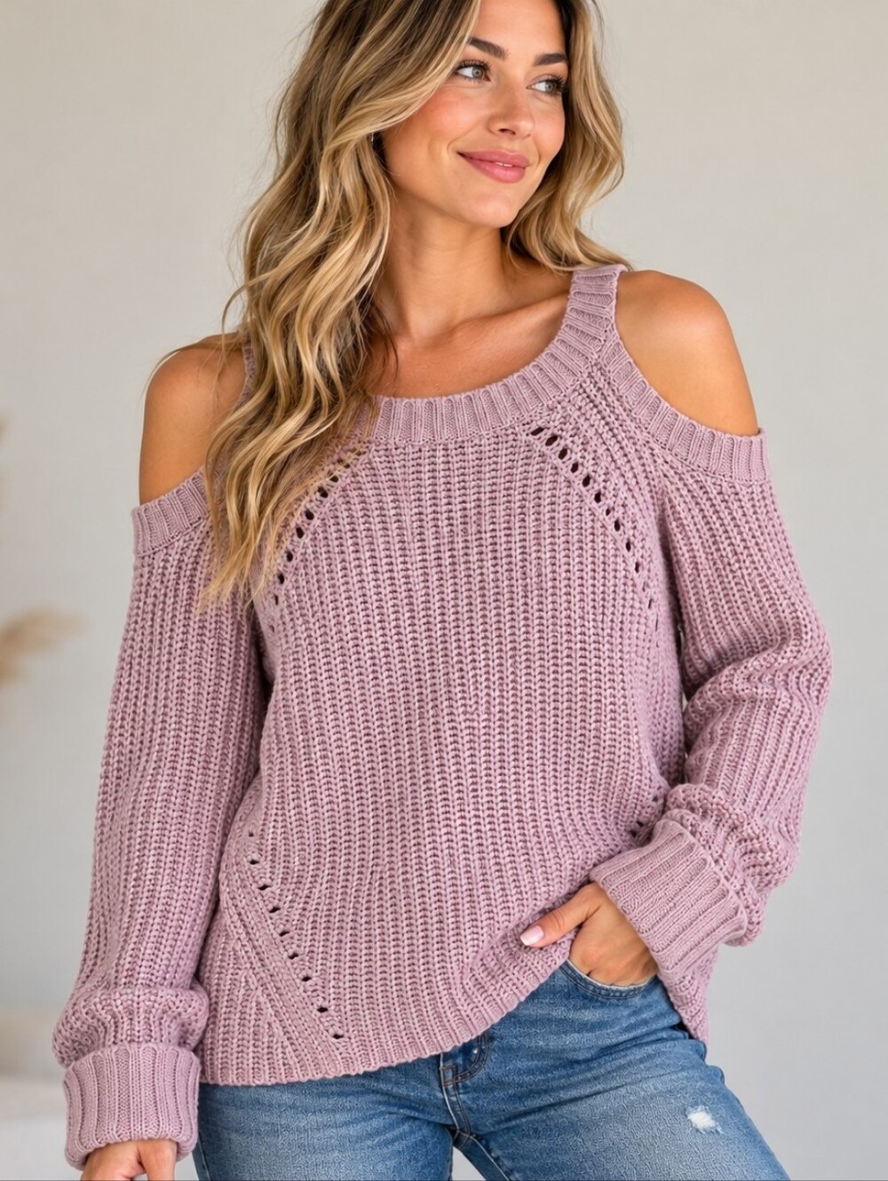 Hippie Rose Women's Small Dusty Rose Cold Shoulder Chunky Knit Sweater
